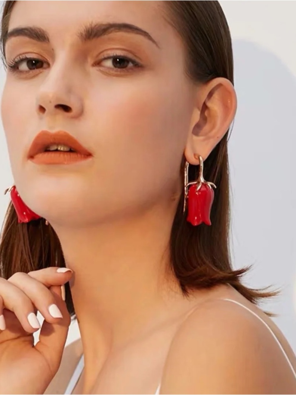 Red Coral Flower Drop Earrings – Gold Statement Dangle Earrings